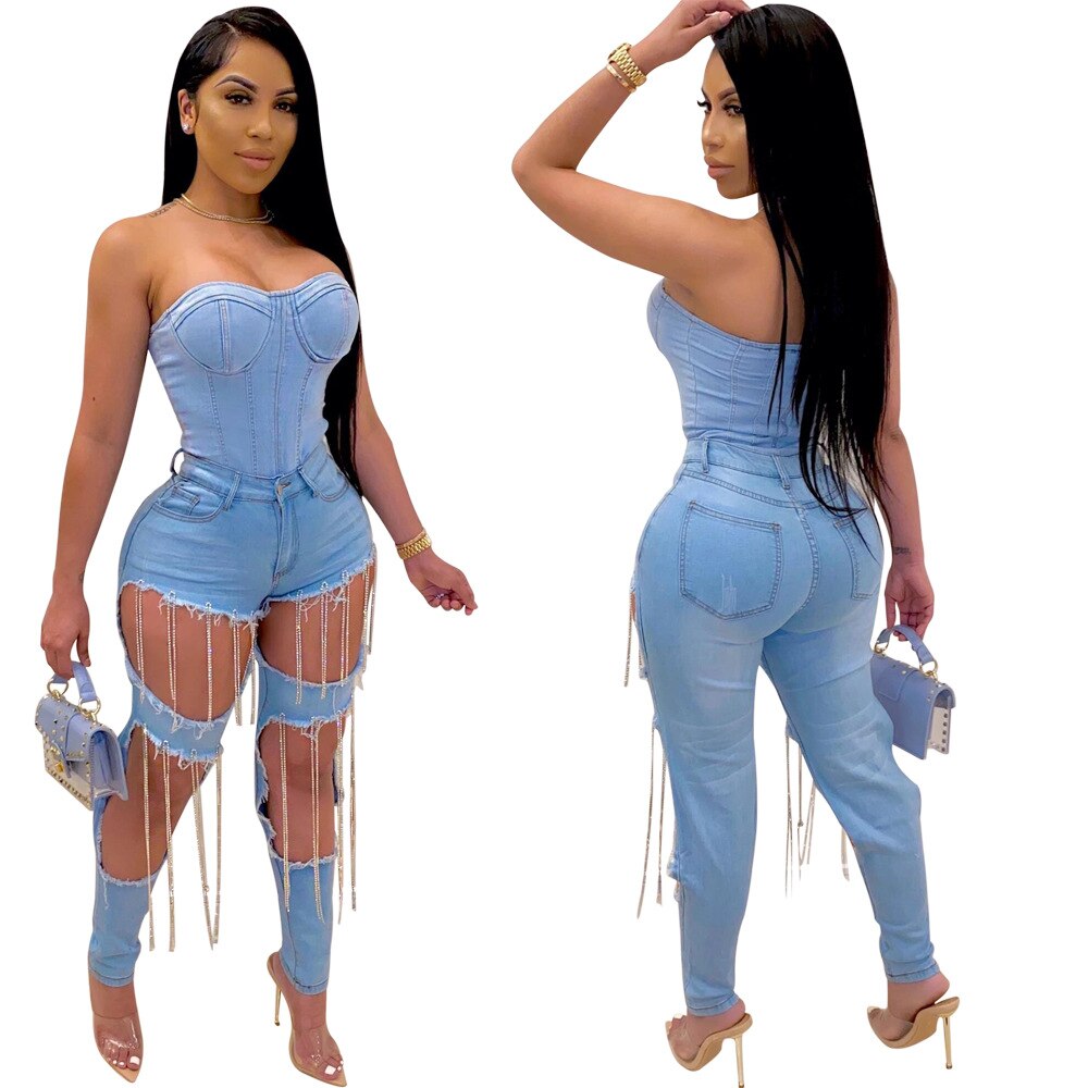 Adogirl Casual Chain Tassel Denim Hollow Out Trousers Women Sexy Skinny Jeans Pants Foot Cut Pencil Pants Daily Hot Sale 2020