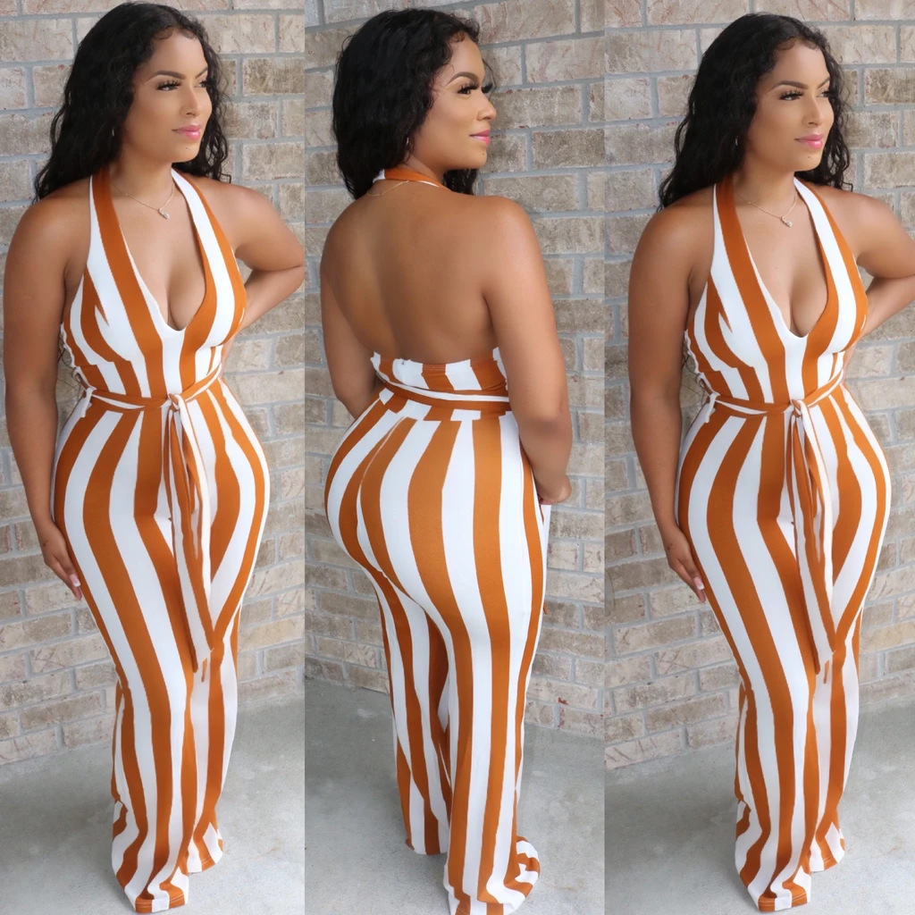 CM.YAYA Striped Halter V-neck Open Back Women Jumpsuits Rompers Drape Sexy Night Club Party Elegant One Piece Outfits Playsuit