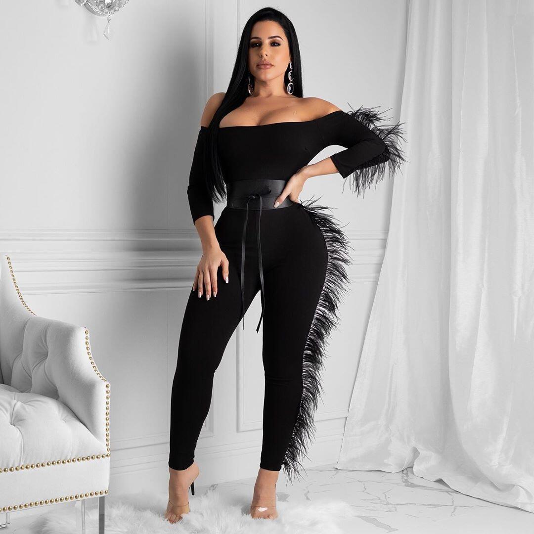 New Spring Winter Women Skinny Jumpsuit Slash Neck Three Quarter Sleeve Solid Color Feather Rompers Sexy Night Club Party Outfit